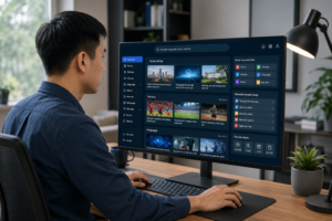 Người dùng Việt Nam đang sử dụng máy tính để truy cập cổng điều hướng website Việt Nam với giao diện danh mục website hiện đại, hiển thị các lĩnh vực tin tức, thể thao, giáo dục, công nghệ và thương mại điện tử.